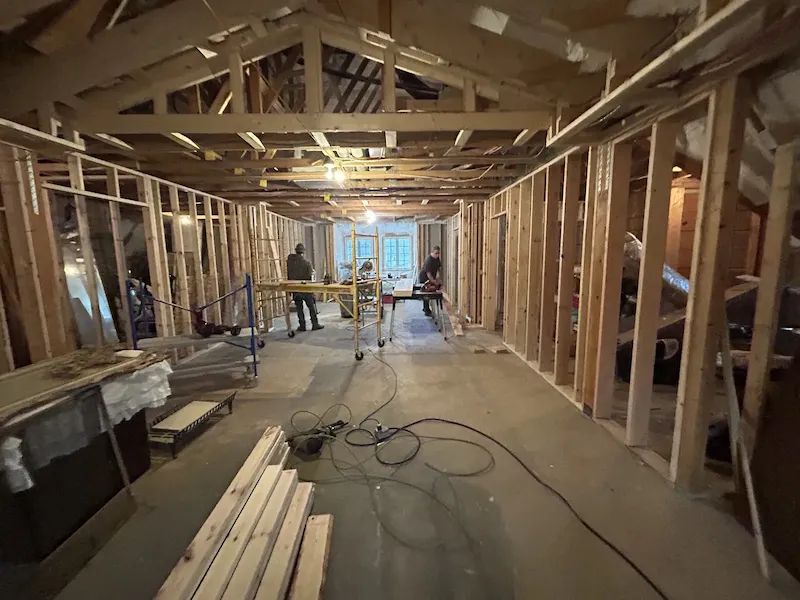 Residential interior with newly installed wall framing